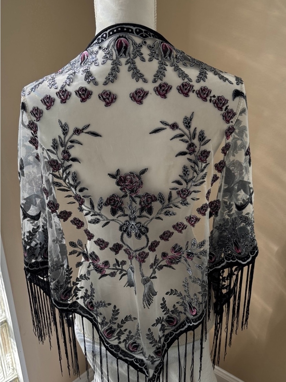VINTAGE Sheer Black Floral Embroidered Fringe Shawl